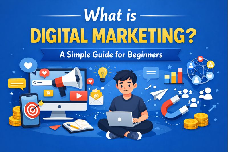 Illustration explaining what digital marketing is, showing online platforms like search, social media, and content marketing.