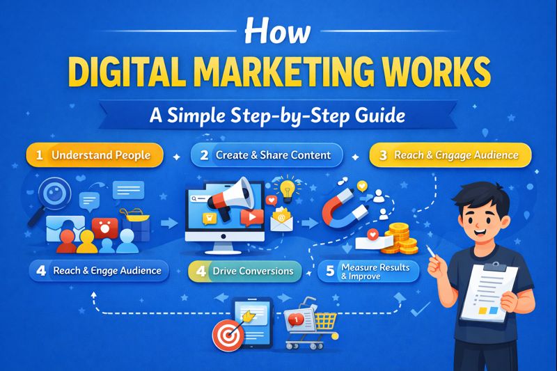 Step-by-step illustration showing how digital marketing works from understanding audience to measuring results.