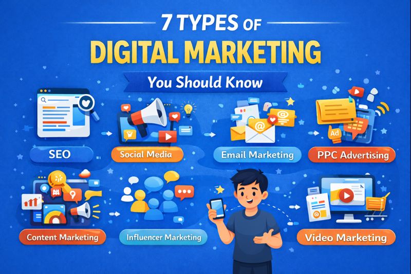 Illustration showing seven main types of digital marketing including SEO, content marketing, social media, and email marketing.