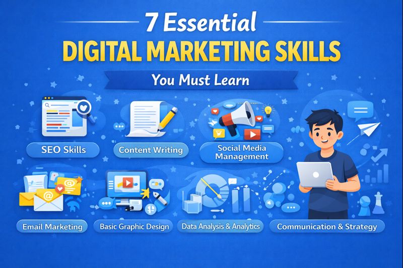 Illustration showing essential digital marketing skills such as SEO, content writing, social media, analytics, and communication.