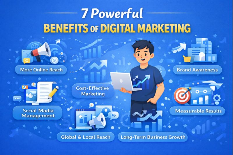 Illustration showing the benefits of digital marketing like business growth, online reach, engagement, and measurable results.